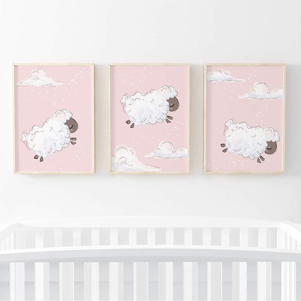Pompom Prints® Counting Sheep Nursery Wall Art Picture Prints. A4 Poster for Baby Boy or Girl. Set of 3 [Picture Frames NOT Included] (Pink)