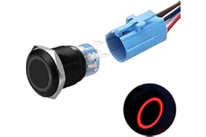 QUENTACY 19mm Latching Push Button Switches SPDT ON/Off Waterproof Black Metal 12V Ring LED with Wire Plug (Red)