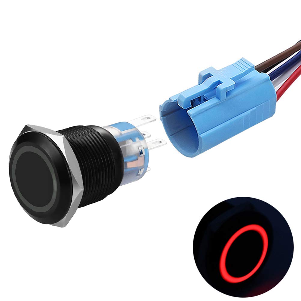 Photo 1 of 19mm Latching Push Button Switches SPDT ON/Off Waterproof Black Metal 12V Ring LED with Wire Plug (Red)
