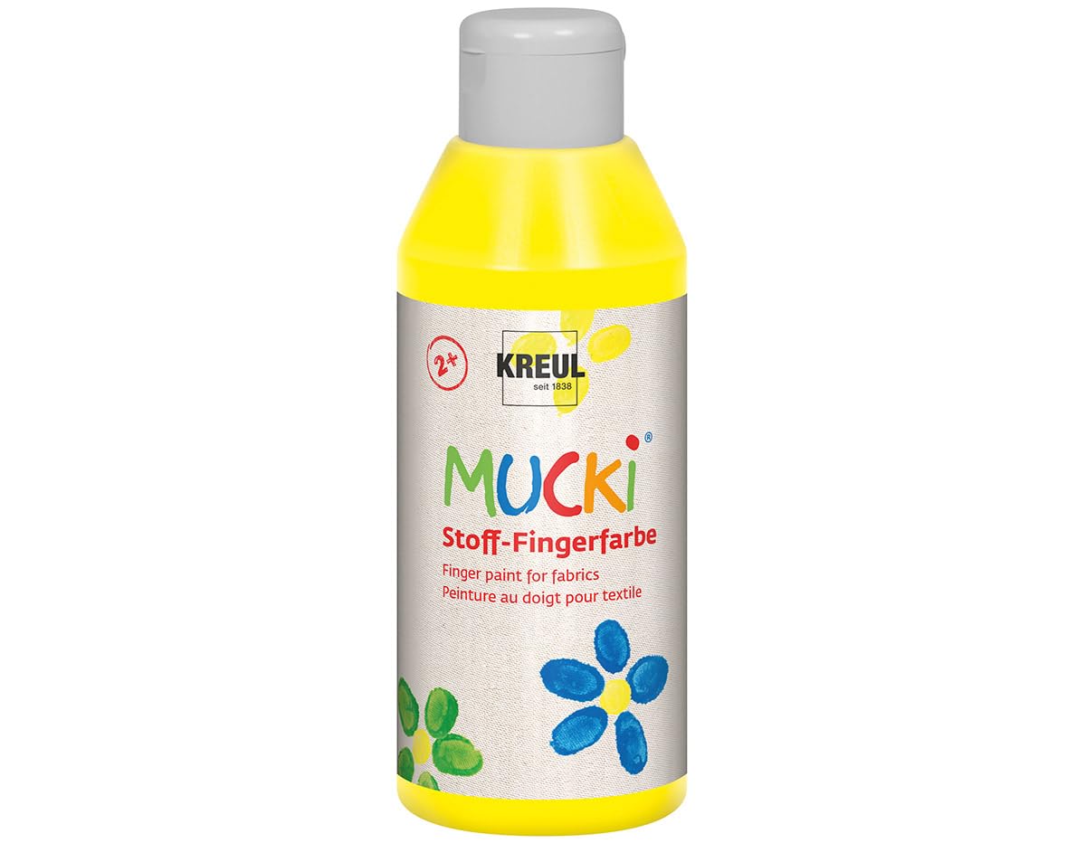 Kreul Mucki 28402 Luminous Fabric Finger Paint, 250 ml in Yellow, Water-based, Paraben Free, Gluten Free, Lactose Free and Vegan, Ideal for Use with Fingers and Hands