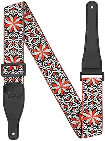 BestSounds Vintage Woven Guitar Strap for Bass, Electric,Acoustic Guitars | Jacquard Weave Hootenanny Style & Genuine Leather Ends (Orange)