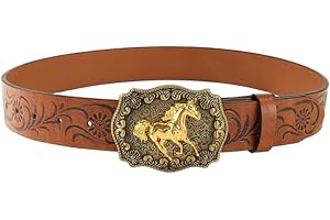 Balacoo Western Leather Belts: Vintage PU Leather Floral Engraved Cowboy Belt for Men Women - Adjustable Carved Flower Horse 