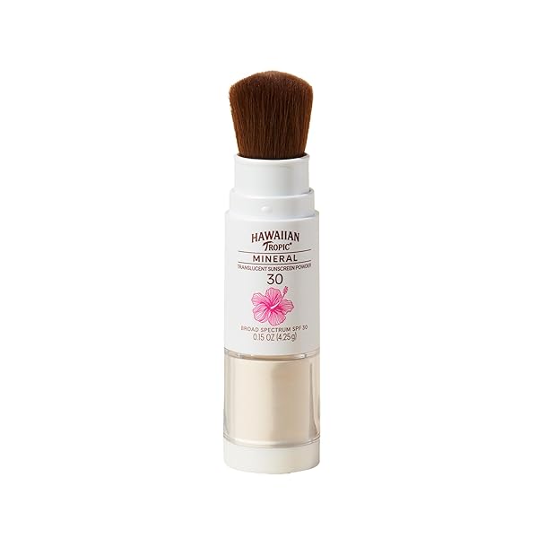HAWAIIAN TROPIC MINERAL POWDER SUNSCREEN BRUSH SPF 30 | BEACH ESSENTIALS, ZINC OXIDE MINERAL SUNSCREEN POWDER SPF, FACE SUNBLOCK TRAVEL SIZE, BRUSH ON SUN SCREEN PROTECTOR FOR FACE AND BODY, 0.15OZ