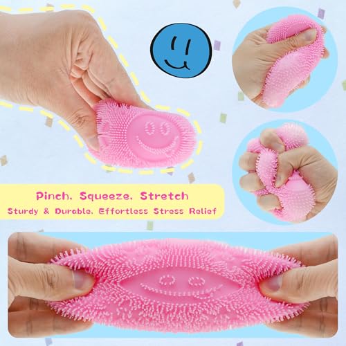 Last Page® Pink Fuzz Squishy Stress Ball - Velvet Texture and Soft Cloud Squish - Fidget Toy with Smiley Face for Anxiety Relief, Sensory Play for Kids & Adults, Perfect for Office & School