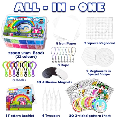 FUNZBO 23000 - Juego de abalorio de fusible de 5 mm, 22 colores, 106 patrones, suministros de manualidades y artes escolares de Pascua para niños, juego de juguetes, decoraciones artísticas para