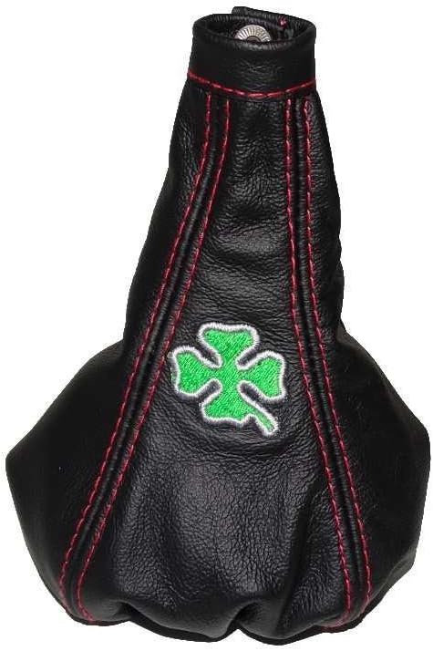 The Tuning-Shop Ltd For Alfa Romeo Mito 2008-2014 Shift Boot Black Italian Leather Clover Logo Embroidery