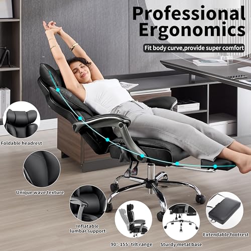 Fizzin PU Executive Office Chair, Big and Tall Ergonomic Office Chair with Footrest, Flip-Up Back Built-in Dynamic Airbag Lumbar Support and Interlocking Armrests (Black)