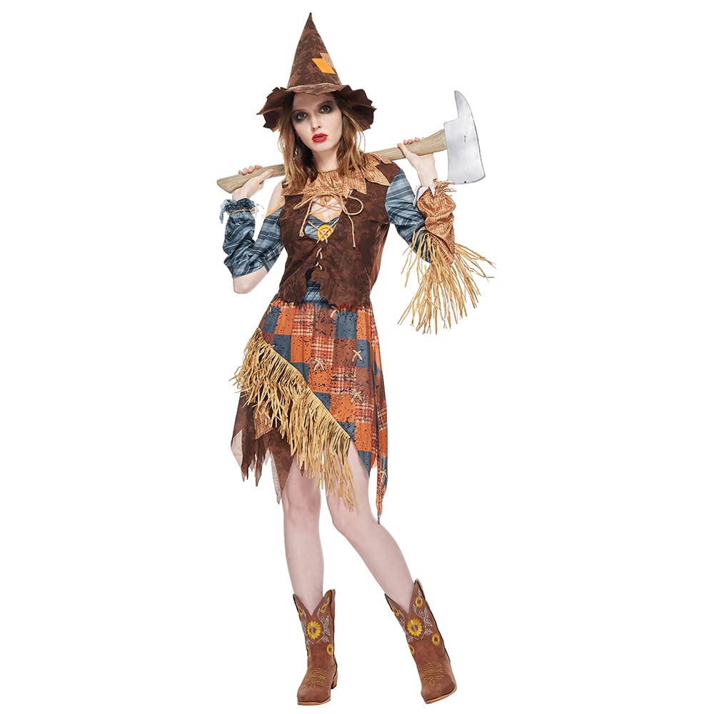 EraSpooky Women Scarecrow Costume Adult Creepy Scarecrow Halloween Fancy Dress Size M