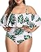 Wavely Plus Size Two Piece Swimsuits for Women Off Shoulder Ruched High Waisted Bikini Swimwear White Leaves XL