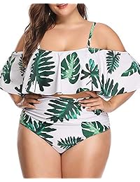 Bikini estampado de dos piezas con volantes y hombros descubiertos, con parte inferior de talle alto