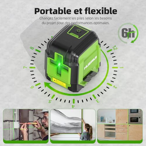 Niveau Laser Auto-nivelant avec 152cm Trépied, Huepar 30M Vert Croisée Laser à Ligne pour Accrochage de Tableaux, Rénovation de Maison, Projet d'Intérieur, Batterie et Sac de Transport