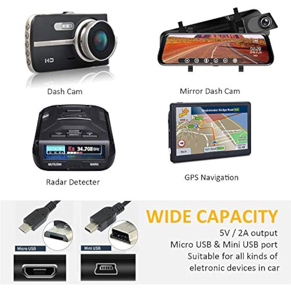 Dash Cam Charger, Car Cam USB Power Cord, Micro & Mini Cable, For