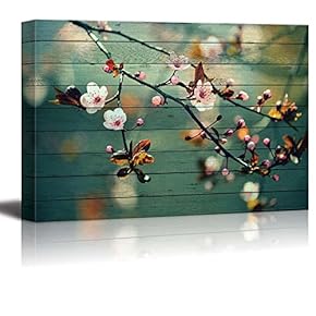 Pink Cherry Blossom Branches on a Teal Vintage Background