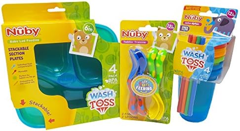 Nuby Bundle (Blue-Green). Spoons and Forks (1 Set), Cups and Sectional Plates 1 Set / 4 Pk. Each. Plus Free Bonus Baby Disposable Bibs.