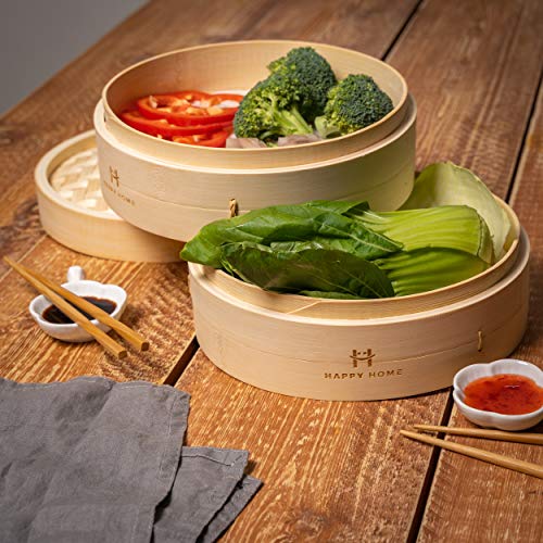 Bamboo-Steamer-Basket-10-Inch-2-Tier-Steam-cooker-for-dim-sum-dumplings-bao-bun-rice-fish-vegetable-handmade-kitchen-cookware-for-steaming-Chinese-Thai-Korean-Asian-and-Global-healthy-food