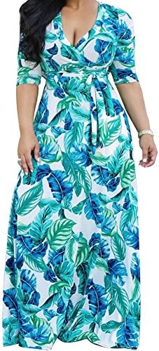 Yomobuti Women's 3/4 Sleeve Wrap V Neck Belted Floral Boho Summer Beach Maxi Long Dress Turquoise 3XL