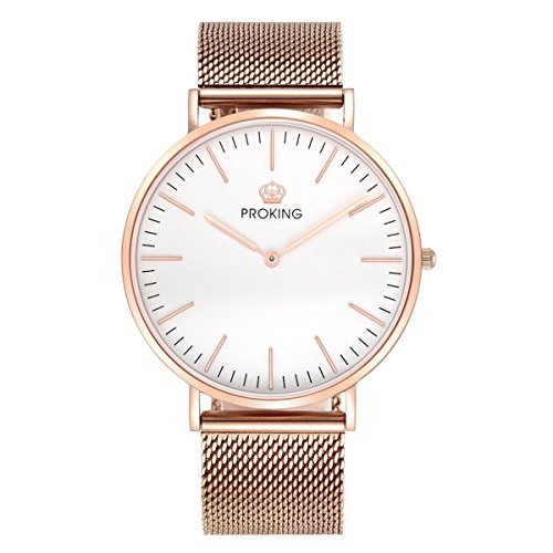 Mens Watches,PROKING Waterproof Business Dress Rose Gold Stainless Steel Wrist Watch,6mm Ultra Thin Sapphire Crystal Casual Watches with Free Genuine Leather Band (Men, White)