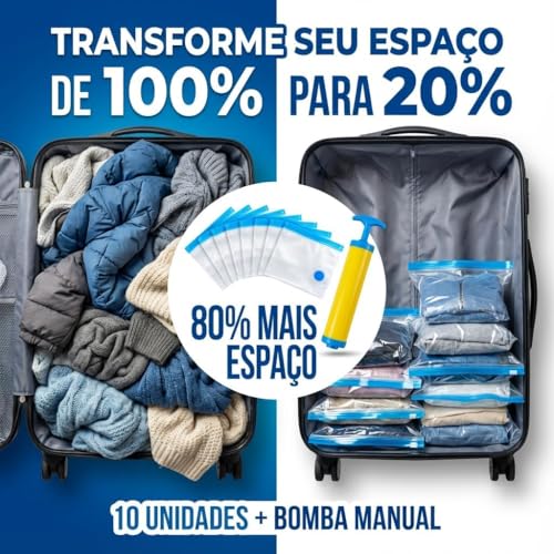 Kit com 10 Sacos a Vácuo para Roupas e Viagem 50x60 cm com Bomba Manual Inclusa, Ideal para Organização de Armário e Mala de Viagem, Compressão de Roupas, Redução de Volume e Economia de Espaço