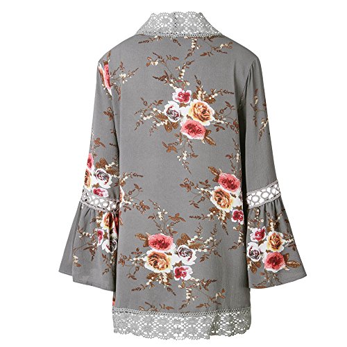 Women Lace Floral Open Cape Casual Coat Loose Blouse Kimono Jacket Cardigan Sweater Gray