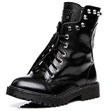 Shenn Women's Round Toe Knee High Punk Military Combat Boots(Black,US8)