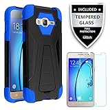 Galaxy On5 Case With Tempered Glass Screen Protector,IDEA LINE(TM) Hybrid Hard Shockproof Slim Fit Dual layer Shockproof Armor Case Built-in Kickstand (Blue/Black)