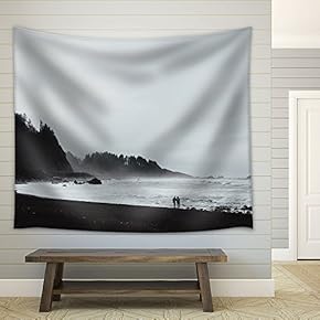 Couple Walking on The Beach in Black and White - Fabric Wall Tapestry Home Decor - 51x60 inches
