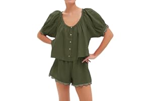 VAOYIU Women's Casual Elegance Two-Piece Linen Outfit Set with Scalloped Hem Summer Round Neck Puff Short Sleeve Top