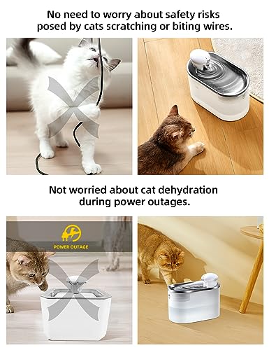 HABWES Battery Operated Cat Water Fountain with Stainless Steel Tray and 3 Filters, 68oz/2L Wireless Pet Drinking Fountain for Cats & Small Dogs, Automatic Water Dispenser with Motion Sensor