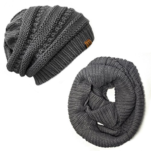 Allydrew Thick Knitted Winter Infinity Scarf and Slouchy Beanie Set, Charcoal Gray