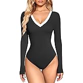 OQQ Women's Bodysuit Tops Contrast-Trim V Neck Long Sleeve Seamless Bodysuits