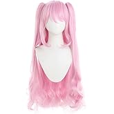Cosplay.fm Women Game Cosplay Wig Pink Long Curly Hair Wig with Double Ponytail Clips (Pink)