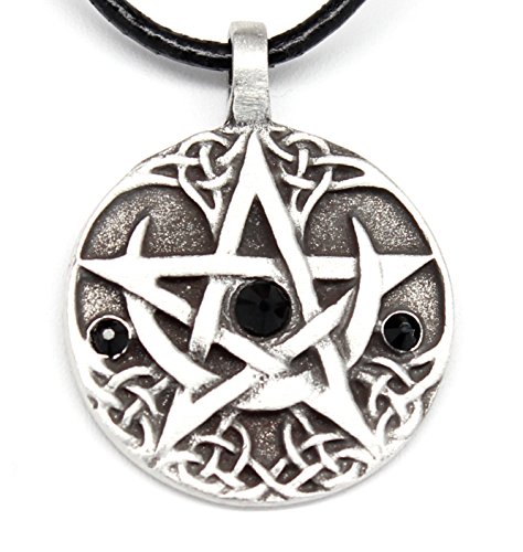 Pewter Lunar Pentagram Pendant on Leather Necklace w/ Jet Black Swarovski Crystal