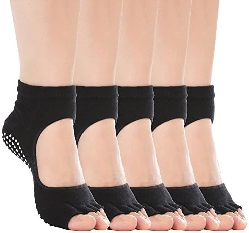Black Yoga Socks fro Women Non Slip with Grips or Barre Pilates Five Toe Socks 5 pack