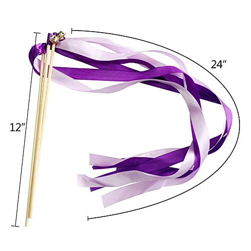 Hangnuo 30 Pack Ribbon Wands Wedding Streamers with Bells, Fairy Stick Wand Party Favors for Baby Shower Holiday Celebration, Double Purple
