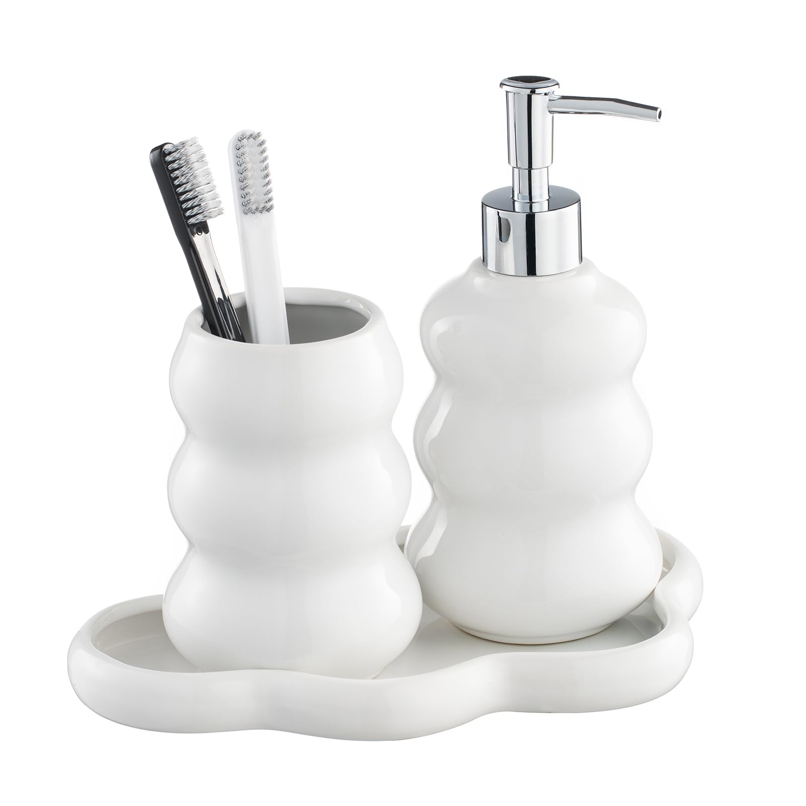 Photo 1 of 3-Piece White Ceramic Bathroom Accessories Set with Tray, Lotion Dispenser, and Tumbler for a Luxurious Bath Experience