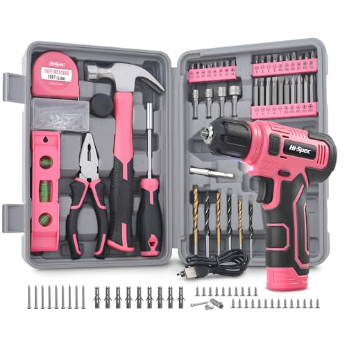Hi-Spec Cordless Drill Driver Kit 8V and Tools - Complete Rechargeable Set with Basic Tools, Compact Case, Pink, Ideal for Home DIY