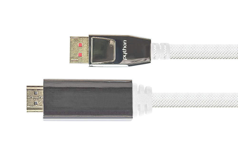 Python Series Premium DisplayPort 1.4 to HDMI 2.0 Connection Cable - 4K / UHD @ 60Hz - Adapter Cable - Triple Shielding Full Metal Connector Gold-Plated Copper Conductor - Nylon Braided - White, 1 m