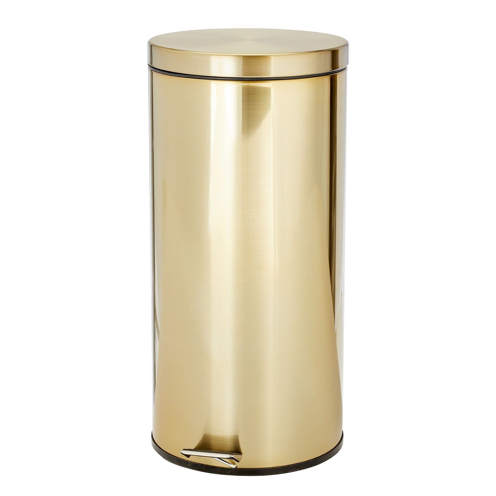 Photo 1 of **HAS DENT ON BOTTOM BACK**mDesign Tall 30 Liter, Large Round Metal Lidded Step Trash Can, Thin Compact Garbage Bin with Removable Liner Bucket for Bathroom, Kitchen, Craft Room, Office, Garage - Soft Brass