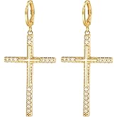 coadipress 14K Gold Plated Drop Dangle Cross Hoop Earrings for Women Men Trendy Gold Cross Earrings Simple Cute Ankh Cross Hoop Earring Dainty CZ Huggie Dangling Diamond Cross Earrings Fashion Jewelry