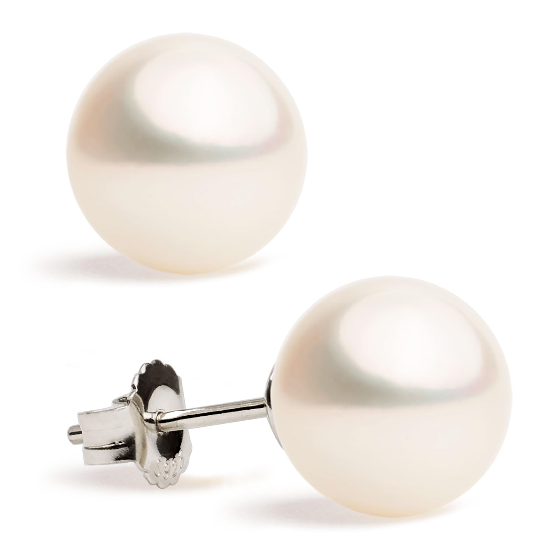 Women Pearl Earrings Freshwater Cultured Round White Pearls by Secret & You | Available in 6 sizes, from 6-6.5 mm to 11-11.5 mm | In 18 k Gold 750 stamp or in 925 Sterling Silver Rhodium Plated