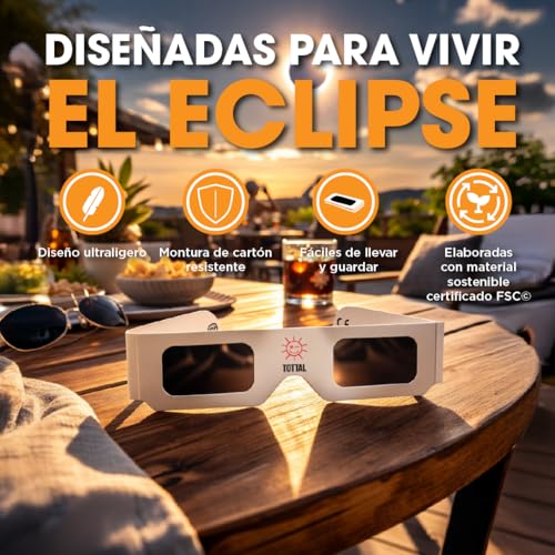 Tottal Gafas Eclipse Solar Homologadas ISO 12312-2 Agosto 2026 Gafas Protección Certificadas CE + Filtro Seguro UV/IR Ligeras + Cómodas + Fácil de Usar Glasses