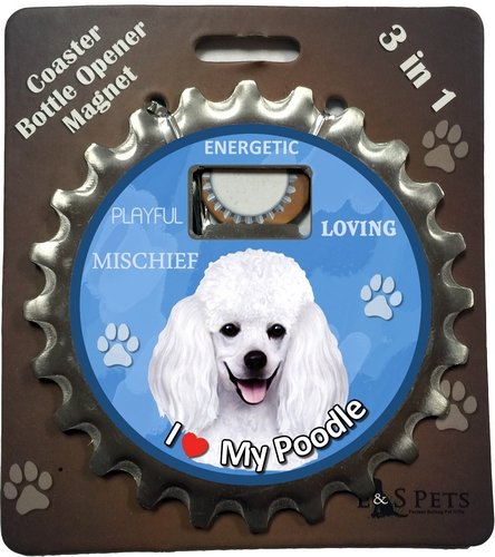 E&S Pets White Poodle Bottle Opener, Coaster and Magnet
