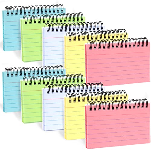 Koogel 500 pieces Index Cards, 10 Pads Ruled Notecards with Protective Covers 5 Colors Flash Cards with Spiral for Office Learning Note Taking To Do List