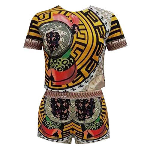 Women's Two Piece Outfits - Sexy Short Sleeve Crop Top and Shorts Set Large Yellow