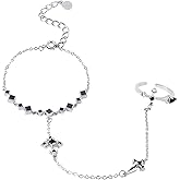 Silver Cross Ring Bracelet for Women Cool Hand Chain Bracelet Finger Chain Bracelet with Black Crystal Rhinestone Slave Link Bracelet Cross Charm Adjustable Religion Party Trendy Jewelry Gift for