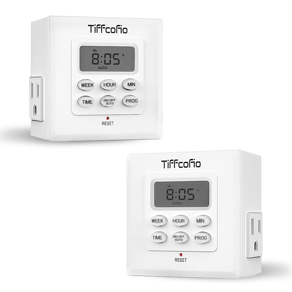 Photo 1 of Tiffcofio Indoor Digital Light Timer Outlet, 7 Day Programmable Plug in Timers for Electrical Outlets, 2 Grounded Outlets for Indoor Lightings, ETL Listed, 2 Packs