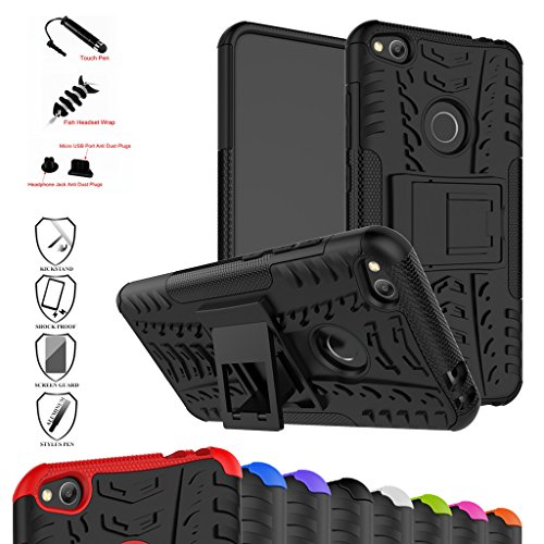 For Huawei P8 lite (2017) / Honor 8 Lite (2017) Case--Mama Mouth Shockproof Heavy Duty Combo Hybrid Rugged Dual Layer Grip Cover with Kickstand (With 4 in 1 Free Gift Packaged),Black
