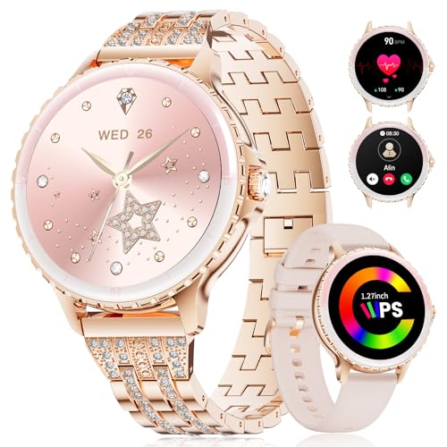 LIGE Smart Watch for Women Phone Call 1.27" HD Round Elegant Rose Gold Stainless Steel Diamond Smartwatch for Android iOS, Heart Rate, Sleep Monitor, Menstrual Cycle