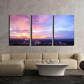 3 Piece Canvas Wall Art - Beautiful Cityscape Sunset at Trang Thailand - Modern Home Art Stretched and Framed Ready to Hang - 16"x24"x3 Panels