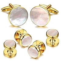 Digabi 6Pcs 18K Gold Plated Mother of Pearl Round Cufflinks and Shirt Stud Set Tuxedo Studs for Shirts (Gold)